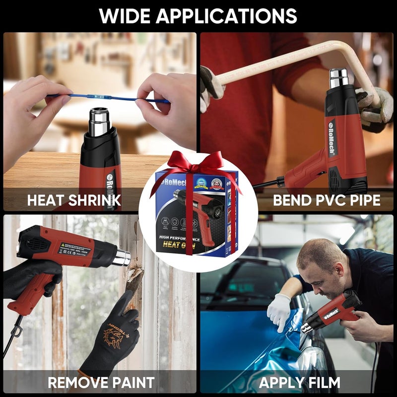 ROMECH 1500W Heavy Duty Heat Gun, Variable Temperature Control Hot Air Gun Kit with 2 Air Flow 120°F~1200°F and 4 Nozzles for Crafts Shrink Wrap (Red) - Image 5